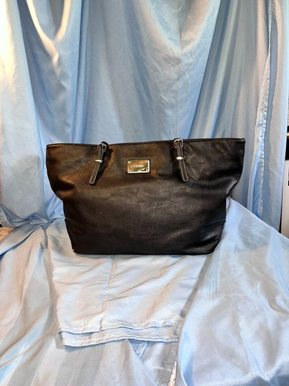 Vintage Nine West Women's Large Tote Bag in Black Faux Leather ~ 18"